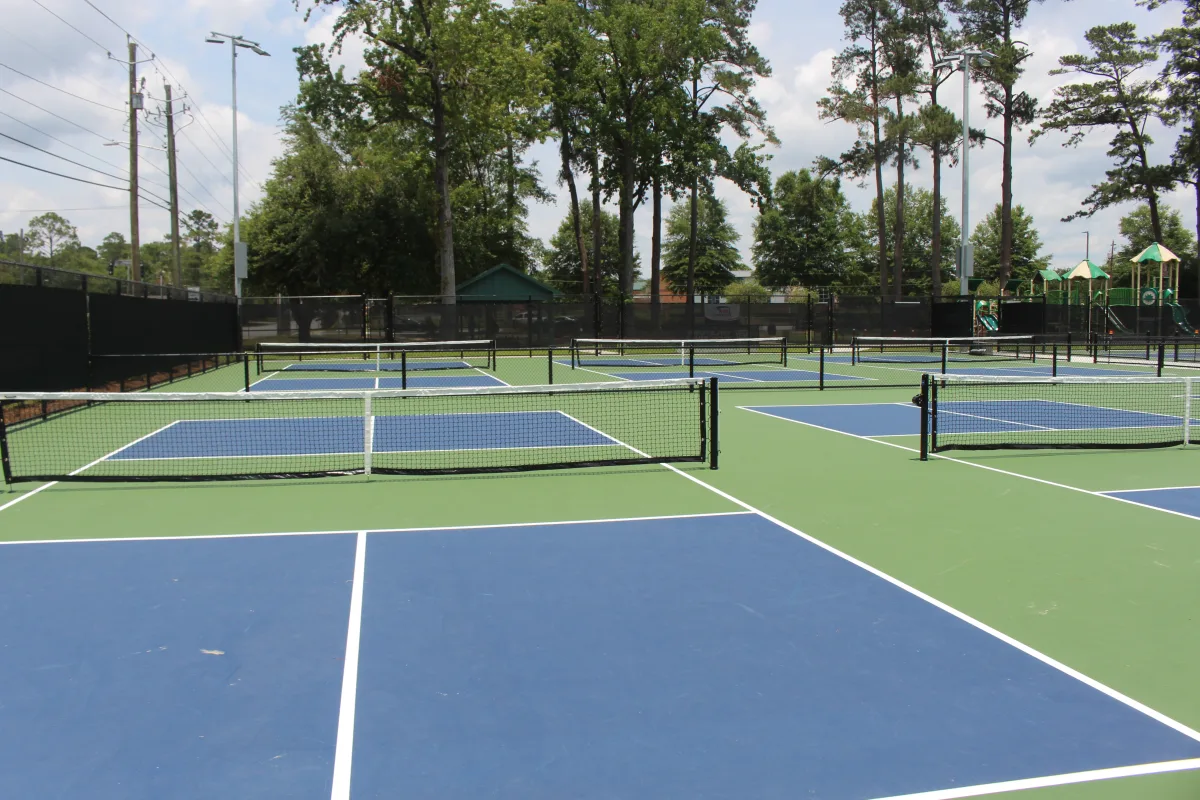 Blue and green outdoor pickleball courts at McKey Park in Valdosta, Georgia